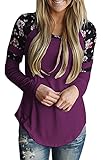 Astylish Women's Casual Long Sleeve Floral Print T-Shirts Striped Blouse Tops Purple XX-Large