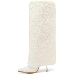 Tsrenlmln Faux Fur Boots Furry Fur Boots Winter Warm Plush Surface high heel Shoes white 11in
