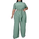 MRSFITOK Wide Leg 2 Piece Outfits for Women Sweatsuit Sexy Short Sleeve Split Shirt Pant Set Casual Tracksuits