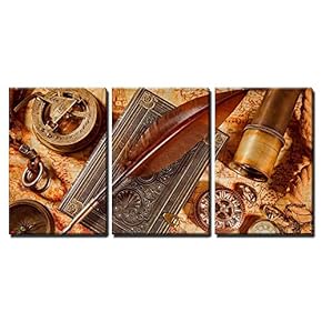 3 Piece Canvas Wall Art - Vintage Still Life - Magnifying Glass, Pocket Watch, Old Book and Goose Quill Pen - Modern Home Art Stretched and Framed Ready to Hang - 16"x24"x3 Panels