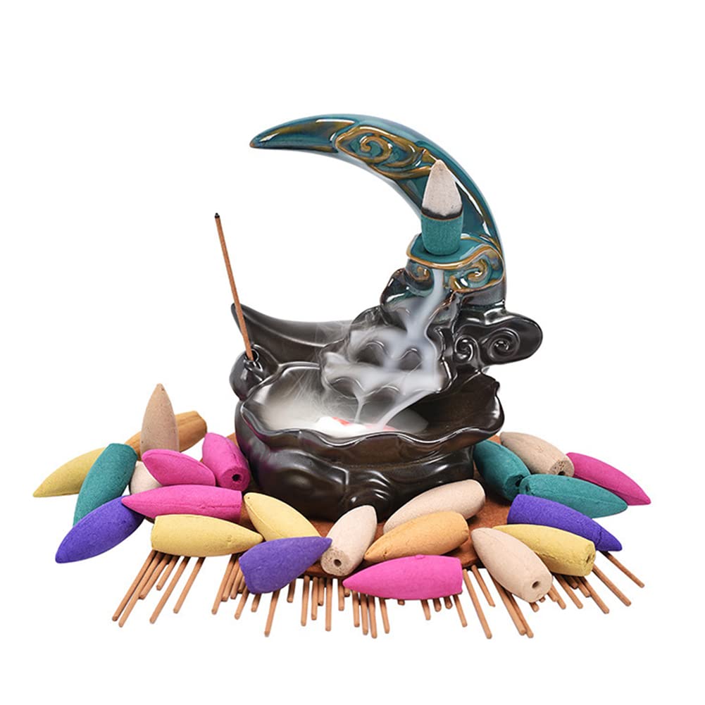 Ceramic Incense Holder Backflow Handcraft Moon Incense Burner with 30 Incense Cones 1 Tweezer 1 Mat 30 Sticks for Home Decoration Ornament Aromatherapy and Meditation