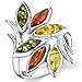 PEORA Genuine Multicolor Baltic Amber Leaf Branch Ring for Women 925 Sterling Silver, Rich Cognac, Olive Green, Honey Yellow, Size 7, Real Baltic Amber Ring for Adults,