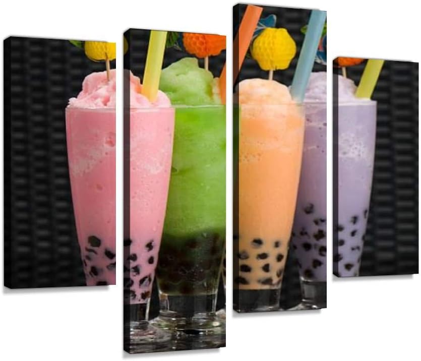 Paintings - Bubble Tea Fruit Smoothie Canvas Wall Art Hanging Paintings Modern Artwork Abstract Picture Prints Home Decoration Gift Unique Designed Framed 4 panel