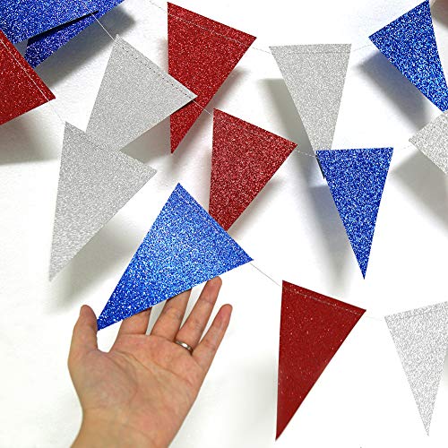 Red Blue Silver/White Triangle Pennant Banner Kit for Fourth/4th of July USA American Independent Day Celebration Party Flag Garland Hanging Bunting Decoration for Birthday/Wedding/Baby Shower/Cavinal