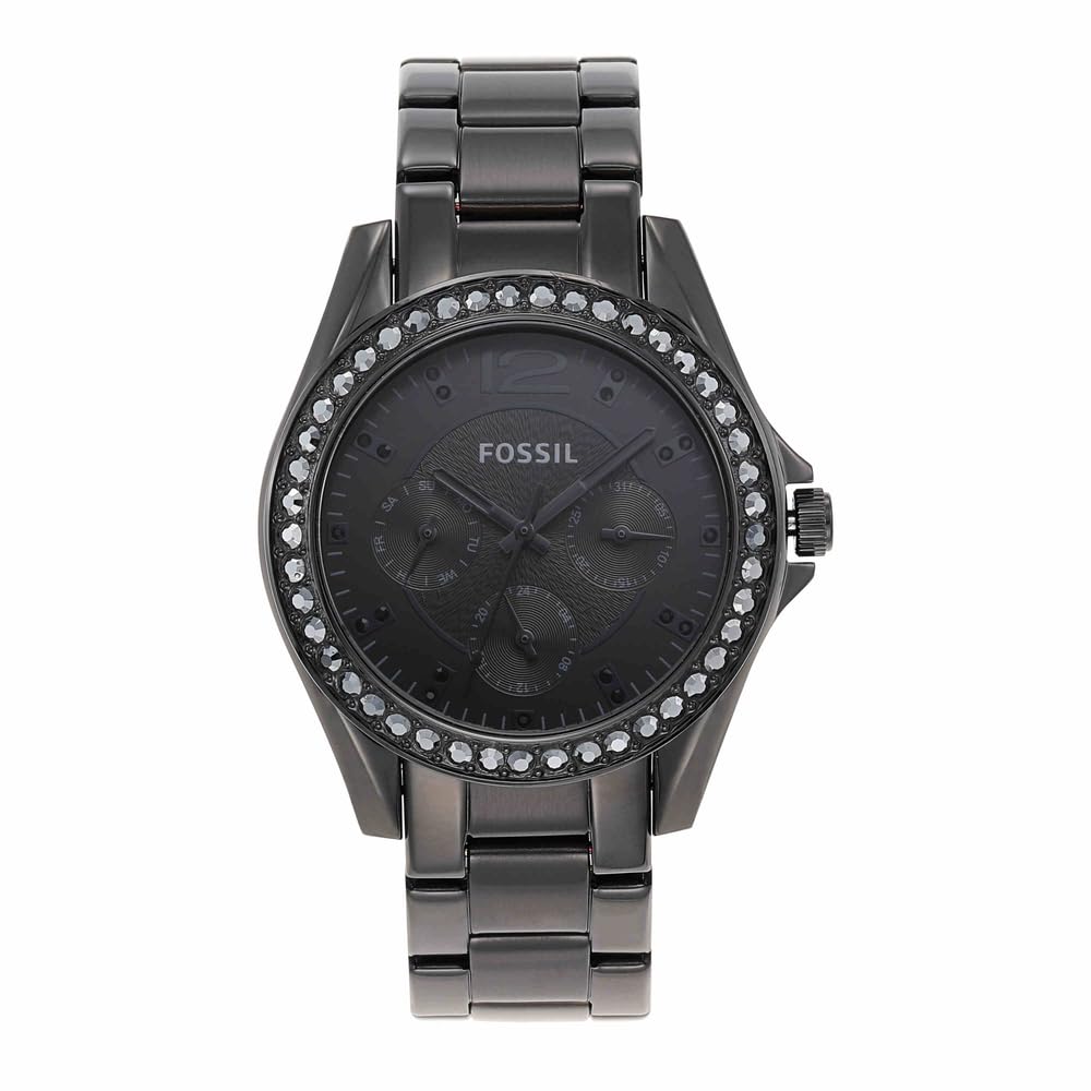 Fossil Watch for Women Riley, Quartz Multifunction Movement, 38 mm Black Stainless Steel Case with a Stainless Steel Strap, ES4519