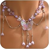 Douxsu Charm Layered Butterfly Choker Necklaces for Women, Vintage Purple Butterflies Beaded Flower Pendant Tassel Chain Necklace Y2K Jewelry Fairy Aesthetic Gift