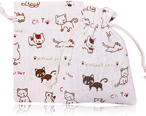 FASOTY 24 Pack Cat Design Double Drawstring Linen Bags Burlap Bags with Drawstring Gift Bags Jewelry Pouch for Wedding Party and DIY Craft 3.7 X 5.2 Inch