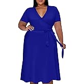 Tycorwd Women's Plus Size Midi Wrap Dresses Summer Short Sleeve Flowy Swing Beach Dress with Belt and Pockets