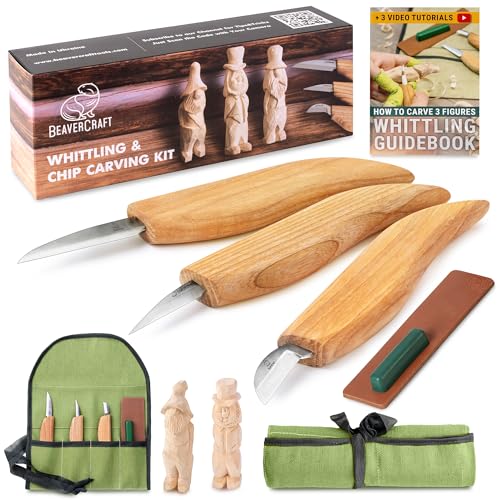 BeaverCraft Wood Carving Knife Kit for Beginners & Kids S15 – Whittling Knives Set with Sloyd, Chip Knife for Carvers – Wood Whittling Kit Includes Carving Tools, Leather Strop, Polishing Compound