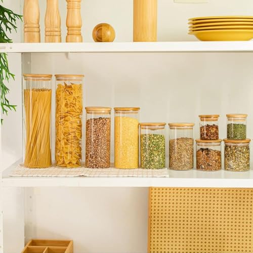 Conjunto de 11 Potes de Vidro Herméticos com Tampa de Bambu – Organizadores de Mantimentos para Cozinha – Recipientes para Grãos, Cereais, Café e Temperos – Potes de Vidro com Vedação de Silicone