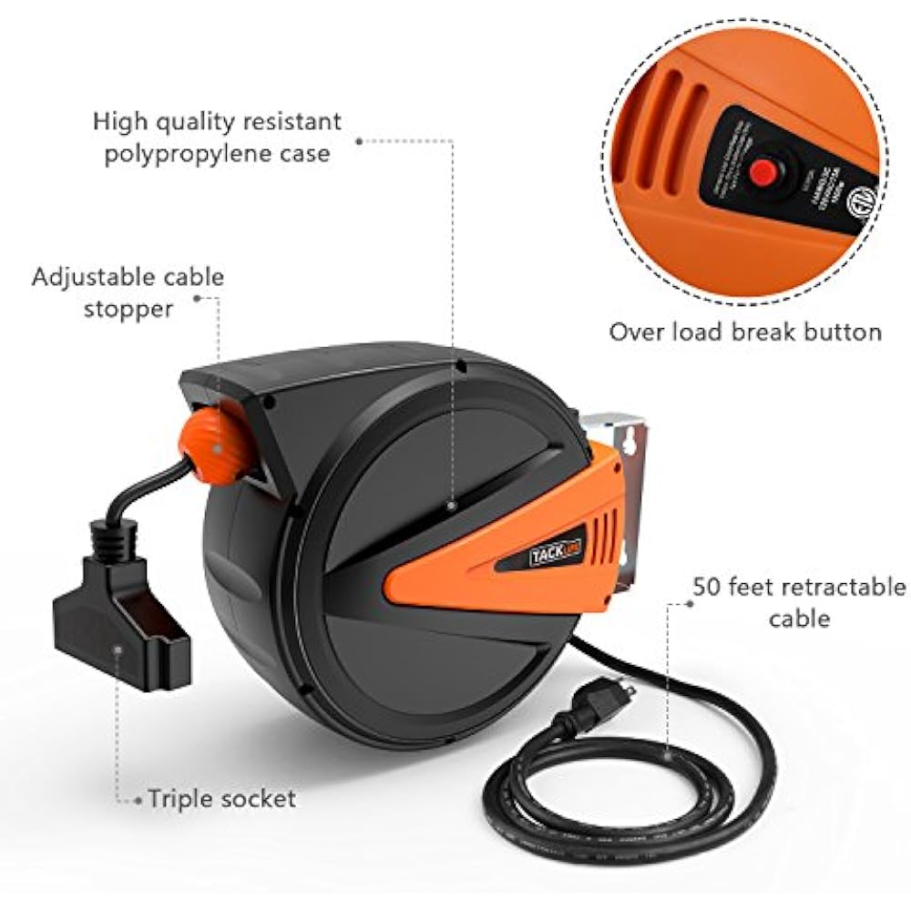 50+4.5ft Retractable Extension Cord, Reel, 14AWG, 3C SJTOW, 180°Swivel