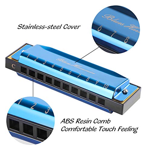 Blues Harmonica with Black Case (Blue), 10 Holes, 20 Tones, Key of C Blues Harmonica Stainless Steel, Suitable for Beginners and Professionals Players, Best Gift for Kids, Students, Friends