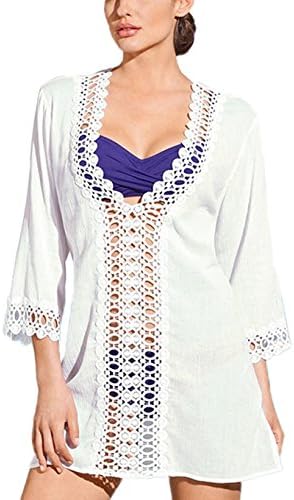 Women's Floral Lace Beach Swimsuit Cover up Dress - Sexy Bikini Swim Coverups - Summer Swimwear Cover ups Deep V Neck (XL, White)