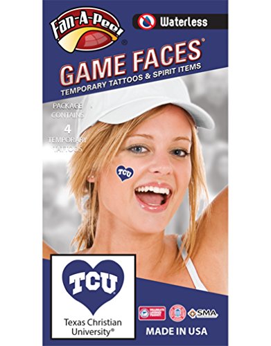 Fan A peel Texas Christian University (TCU) Horned Frogs â€“ Waterless Peel & Stick Temporary Spirit Tattoos â€“ 4-Piece â€“ White TCU Logo on Purple Heart