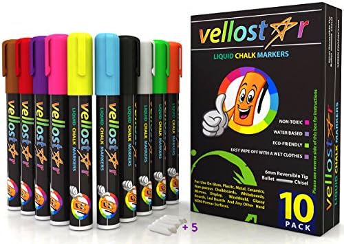 LIQUID CHALK MARKERS 10 Pack with 5 Extra Tips CHILD SAFE Non-Toxic Neon Chalkboard Markers for Non-Porous Surfaces with Reversible Bullet-Chisel Fine Tip Set Your Creativity in Motion Pack of 6