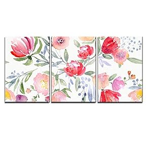 3 Piece Canvas Wall Art - Watercolor Floral Botanical Pattern and Seamless Background - Modern Home Art Stretched and Framed Ready to Hang - 16"x24"x3 Panels