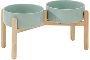 Havniva Ceramic 8.2inch Raised Dog Bowl with Stand for Large- Breed Dogs, Pet Food and Water Feeder (Double Bowl with Stand - Light Green)