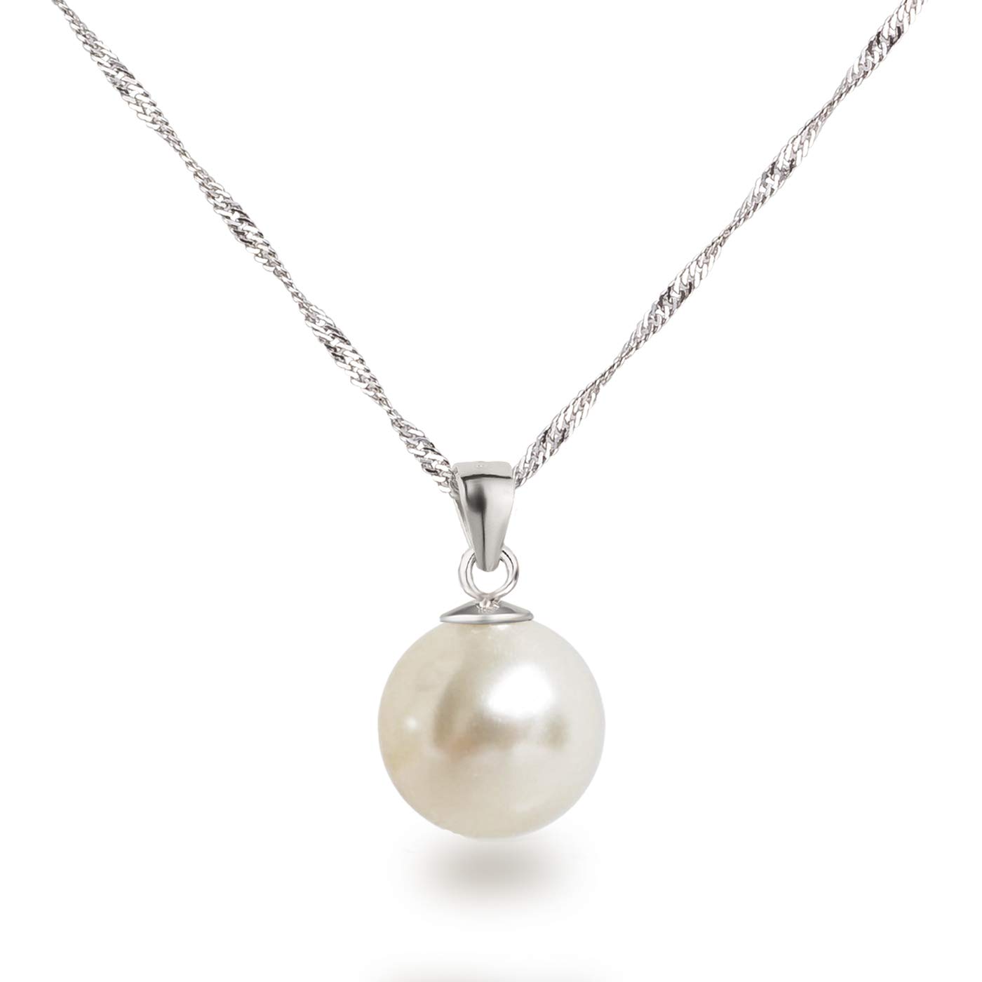 Schöner-SD Silver Chain with Pendant Pearl 12 mm Large 925 Silver Rhodium Plated,