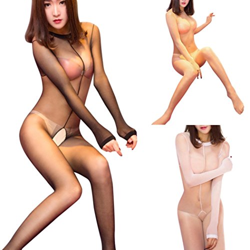 Makaor Women Erotic Long Sleeve Lingerie Bodystocking Seamless Sheer Crotchless Body Tights (Black, Free Size:(Height: 63.0-68.9 Weight<73kg))