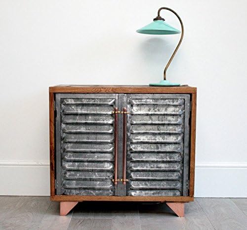 Vintage industrial bar/console with parquet top and polished metal shutter doors