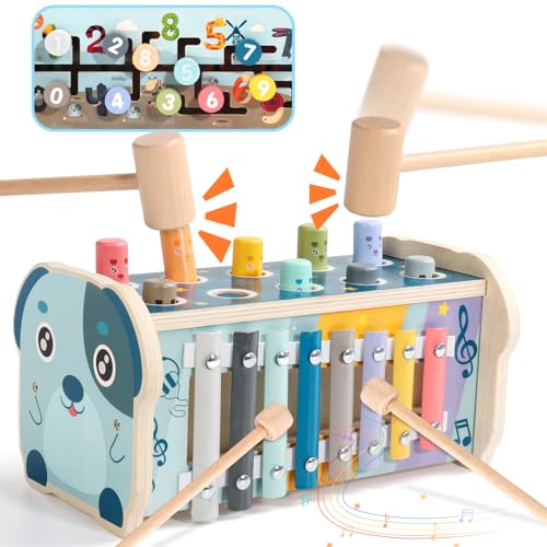 Fajiabao Wooden Hammer Toy 3 in 1 - Pounding Bench & Xylophone Musical Toy Maze Game Fine Motor Skills Educational Toys Hammering Baby Toy Easter Gifts for Kids Boys Girls 3 4 5 Years Old