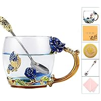 Flower Tea Cup Set, Coffee Cups Set, Butterfly Glass Mug with Spoon Set, Handmade Rose Butterflies Gifts - Best Newlyweds Parents Teachers Couples Gifts (12oz, Blue)