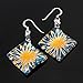 Sterling Silver Hand Painted Murano Glass Golden Flower Blue Art Square Dangle Earrings 2”