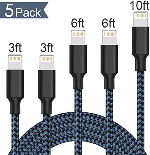 Lightning Cable,Iseason Charger Cables 5Pack 3FTx2 6FTx2 10FT to USB Syncing Data and Nylon Braided Cord Charger for iPhone X/8/8 Plus/7/7 Plus/6/6 Plus/6s/6s Plus/5/5s/5c/SE and more (Black&amp;Blue)