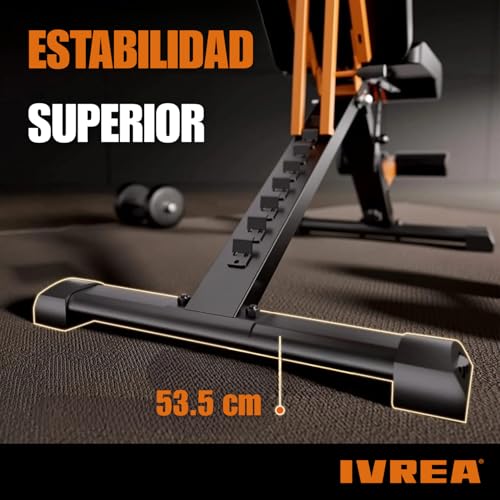 IVREA Banco de Pesas Ajustable y Plegable de Alta Resistencia – Banco Multifuncional Ajustable con Base Extra Ancha, Capacidad de 400 kg - Negro/Naranja