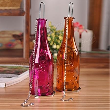 GOYAL Glass Hanging Tea-Light Bottle Holder Lantern Size: 9 inch x 2.5 inch, Reusable Tea Light Holder/Comes with a Hanging Chain (Set of 2) - Pink and Orange