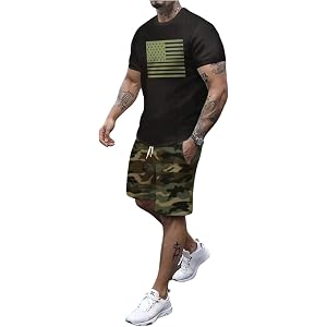 VIPWOLF Men's 2 Piece Outfits Graphic Short Sleeve Tee and Camo Shorts Set | Tracksuits Outfits,Vintage T-Shirt, Workout Clot