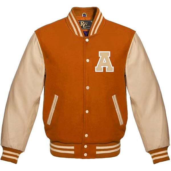 Men's Varsity Baseball Letterman Bomber Orange Wool & Cream