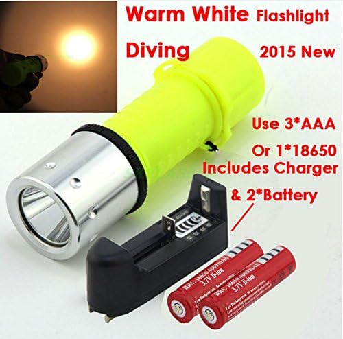 New Waterproof CREE XM-L T6 2000LM Warm White Light Yellow LED Diving Flashlight &amp; Charger &amp; 118650 Battery