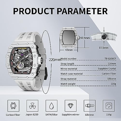 TSAR BOMBA Men's Automatic Watch Skeleton Watch Luxury Barrel Mechanical Watch 50m Waterproof Analog Watch