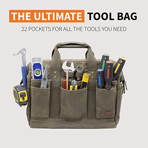 PD Canvas Tool Bag 14Inch, Khaki, 22 Pockets, Heavy Duty Tradesman Bag