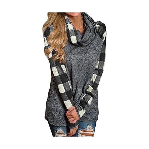 Womens Turtleneck Tunic Plaid Shirts Long Sleeve Pullover Sweatshirt