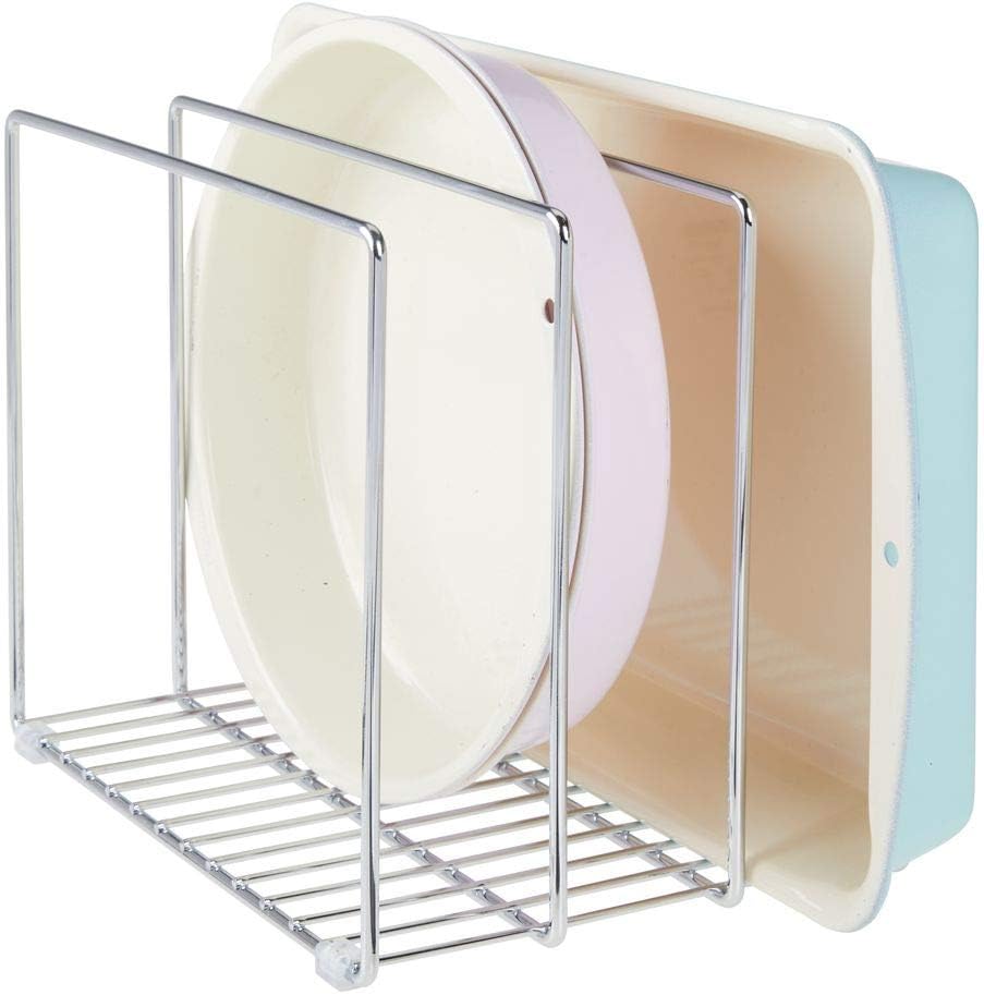 mDesign Metal Wire Organizer Rack for Kitchen Cabinet, Pantry, Shelves - Organizer Holder, 3 Slots for Skillets, Frying Pans, Lids, Cutting Boards, Vertical or Horizontal Placement, 2 Pack - Chrome: Kitchen & Dining