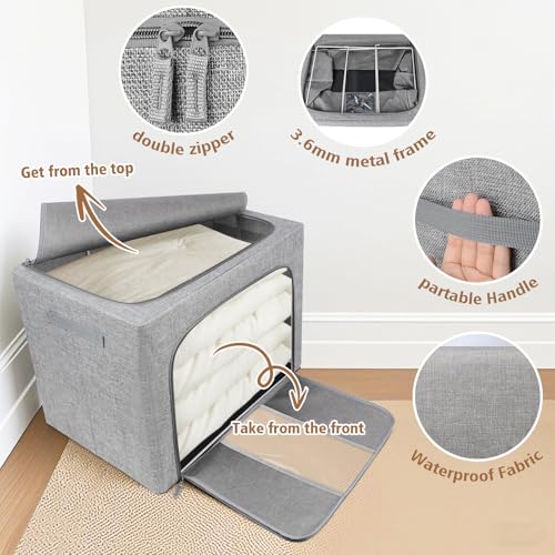 Eyeleaf Storage Bags with Zips, 3PCS Linen Clothes Storage Bag 24L 66L 100L Large Storage Bags Foldable with Metal Frame Lid Clear Window Durable Handles for Clothes Bags (66L)