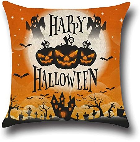 DolphineShow Printed Cotton Linen Square Funny Happy Halloween Pattern Pillow Shams Sofa Throw Cushion Pillow Cover Cases 18x18