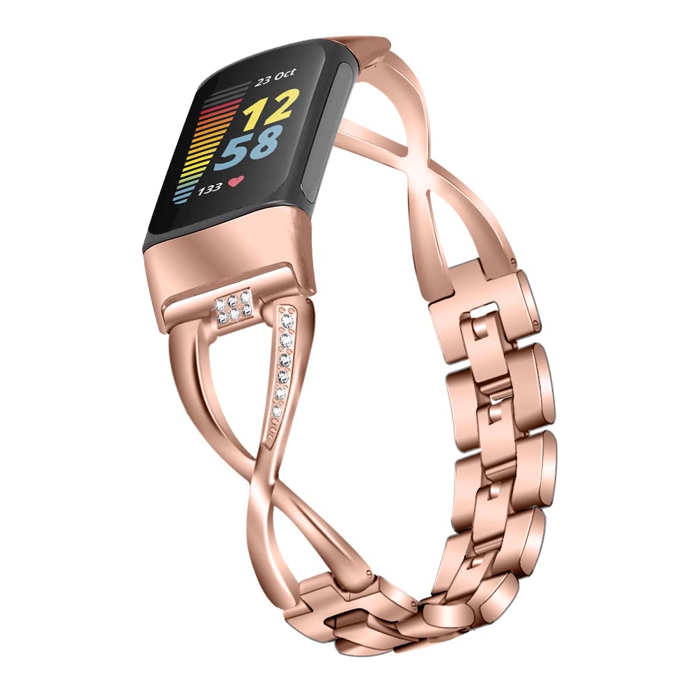 Gimuk Compatible with Fitbit Charge 5 Band Strap Metal Stainless Steel Adjustable Bling Rhinestone Replacement Strap Wristbands for Women Girls Bracelet for Charge 5 Fitness Tracker (Rose Gold)