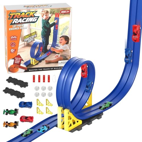 Last Page® Flexible Race Track for Kids 3+Year Old, 15ft Flex Car Tracks for Toddlers with 2 Pull-Back Cars & 2 Alloy Cars, Portable Roll Up Racing Car Tracks, Birthday for Boys Girls