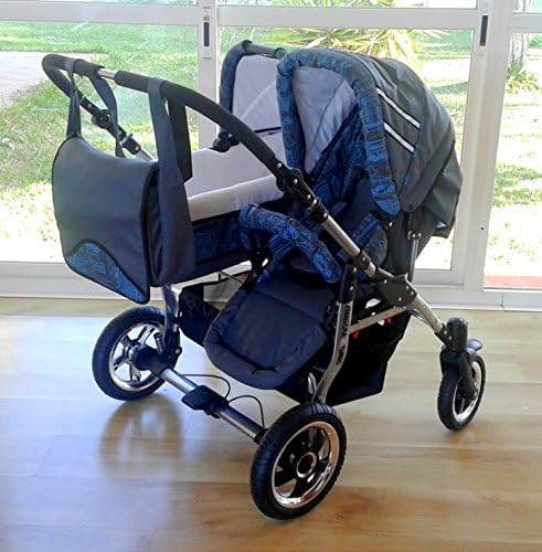 Double Pushchair for Different AgesOne Carrycot + 2 Chairs + AccessoriesGrey + Blue.