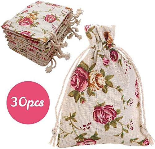 FLAIRYLAND 5.3” x 3.9” Rose Pattern Burlap Bags with Double Jute Drawstring | Flower Pouch Bags Gift Bags Jewelry Pouches for Arts Crafts Projects Birthday Christmas Wedding Party Present | 30 Pack