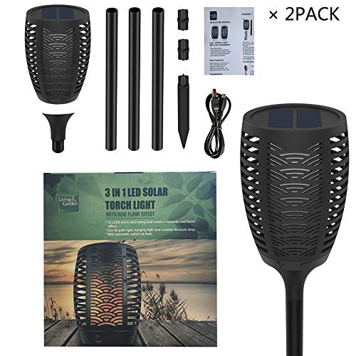 FOXLUX Solar Lights - Torch Lights & Table Lantern & Hanging Lights 3 in 1, Light Sensor Outdoor Lighting, Waterproof Flame Lights, Solar Powered & USB Charging Security Lights for Pathway (2 Pack)