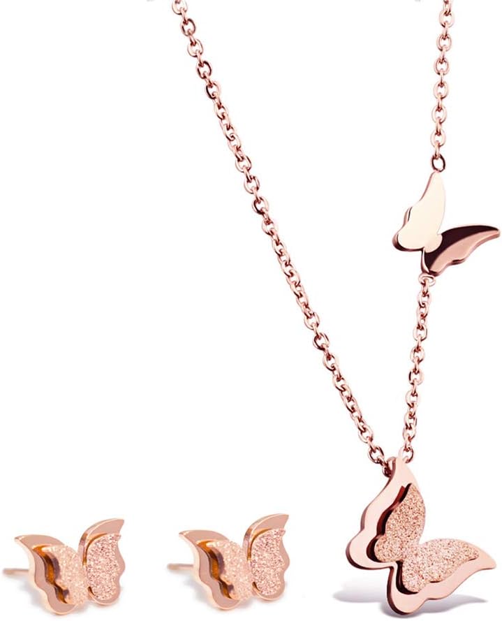 WDSHOW Rose Gold Stainless Steel Butterfly Pendant Necklace 16-18 inch