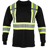 VENDACE Men's High Vis Safety Work T Shirt ANSI Class 1 Reflective Long Sleeve Shirt with Pocket(Black,L)