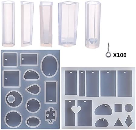 TianJi 7 Pack Silicone Jewelry Making Supplies Deep and Smooth Resin Mould Pendant Trays with 100 Pieces Eye Screw for Making Different Shapes and Sizes Pendant Jewelry Decoration