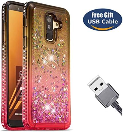 Aireratze Galaxy A6 Plus 2018 case,A9 Star Lite cover, Glitter Bling Liquid Clear Bumper Case Soft Gel Floating [LOVE] Case for Samsung A6 Plus(2018)/J8 2018/A9 Star Lite(Gold Red)+USB cable