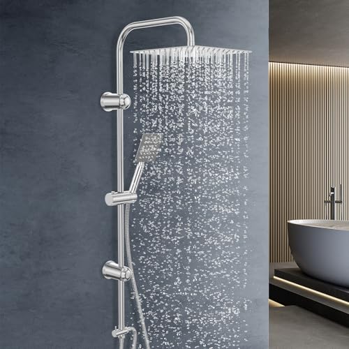 Kezidhp Shower Column without Hydromassage Mixer, Shower Rail with Rain Shower, 30 x 30 cm, Stainless Steel Column, Adjustable Wall Mount