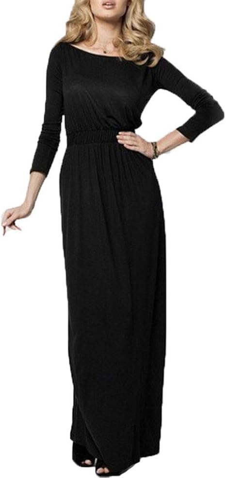 Women Maxi Dress Full Length Boat Neck Casual Cocktail Style Open Neckline Pockets Sundress Long 